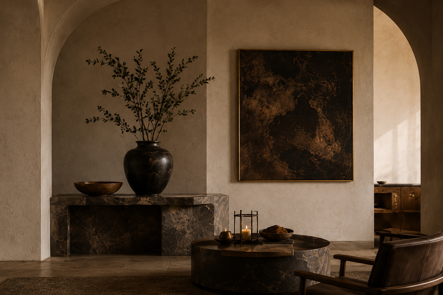 Warm interior with arched alcove and vase